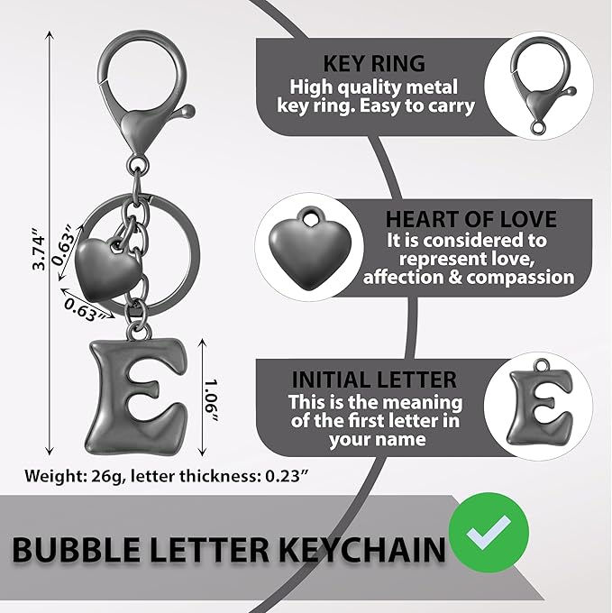 Heart Bubble Letter Keychain for Women, Girls - Cute Keychain with Initial - Alphabet Keychain for Bag Charm, Handbag