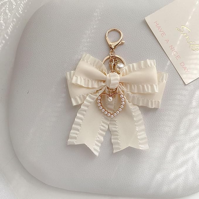 Ribbon Bowknot Bag Charms, Cute Pearl Heart Keyring Holder Purse Hanging Decorations Bag Handbag Pendant