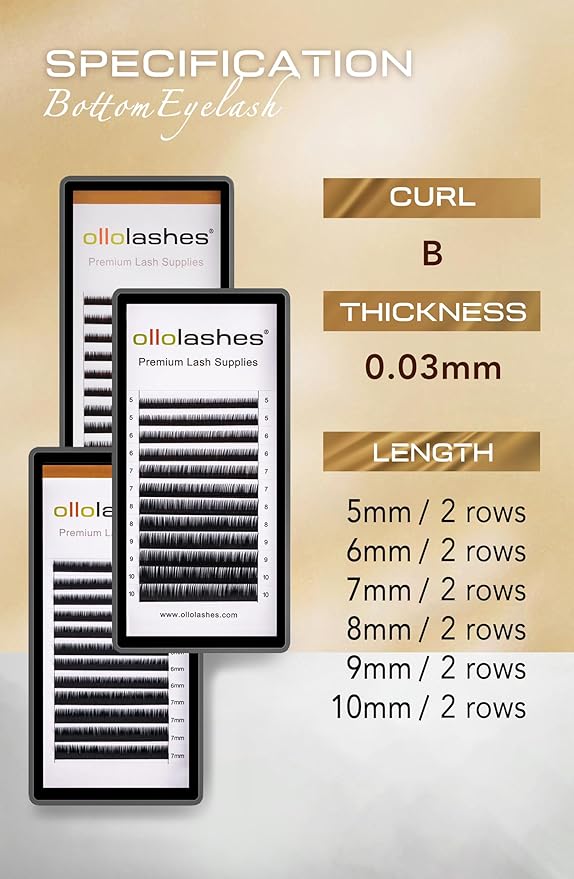 OLLOLASHES Bottom Lash Extension B C J Curl Mix4-10mm 0.03 0.05 0.07 0.10 0.15 thickness Black Color Super Matte Bottom Lash Extensions, Professional Supplies for Lash Techs (Bottom-B-0.03, 5-10mm)