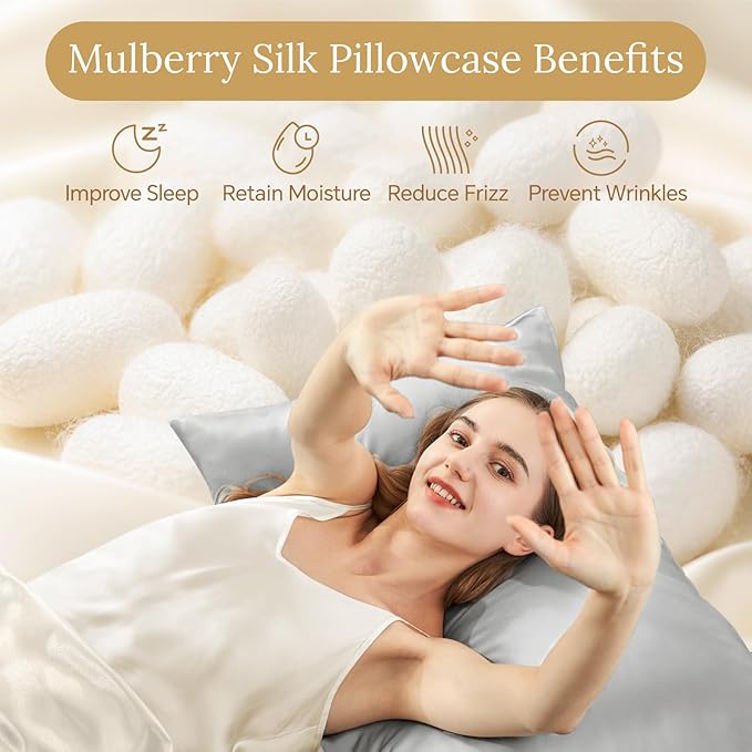 INFIIXSO Mulberry Silk Pillowcase for Hair and Skin, Silk Pillow Cases Queen Size Set of 2 with Hidden Zipper 20x30 Inches, Ultra Soft Cooling Pillow Cases for Hot Sleepers(Light Grey, 2 Pack)