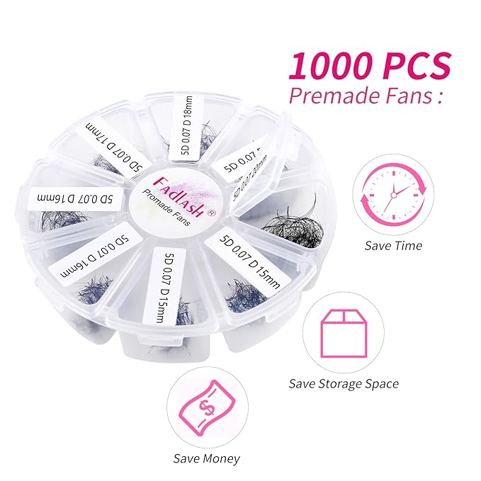 Eyelash Extension 1000pcs Mix Premade Fans Eyelash Extensions D Curl Promades Eyelash Volume Lash Extensions Loose Fans Pre Made Volume Lashes Pointed Base (5D-0.07D, 15-20mm)