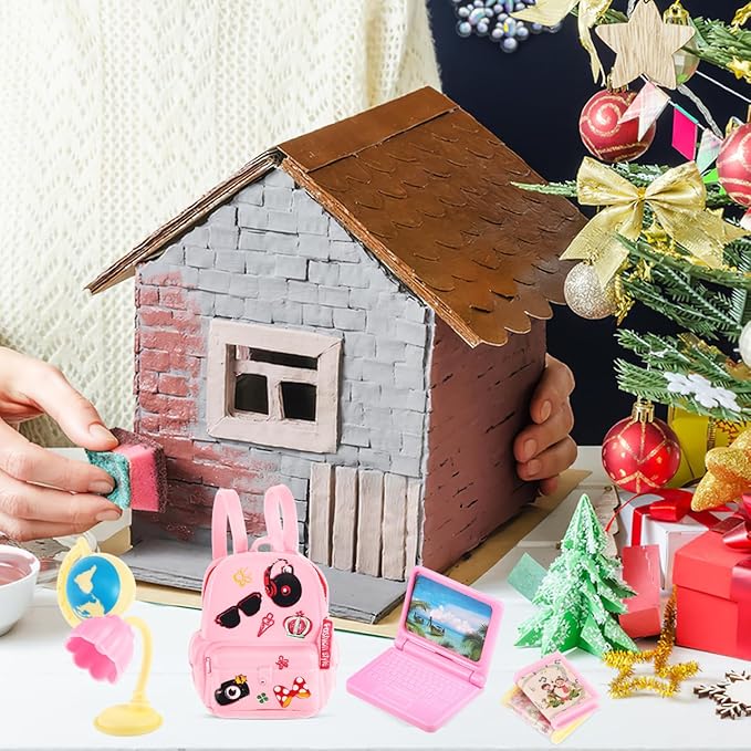 FAVOMOTO 18PCS Mini Doll School Supplies, Kids Dolls Dollhouse Accessories with Backpacks Rulers Desk Lamps Laptops Miniature Plastic Stationery Set for Dollhouse DIY Crafting School Playsets