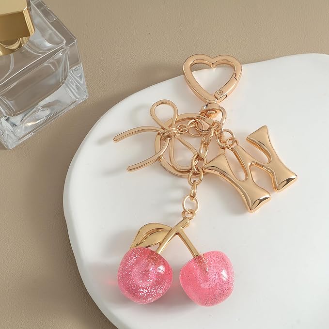 Snycler Bubble Initial Keychain with Cherry & Bow - Gold Letter Bag Charms for Women, Cute Purse Handbag Accessories
