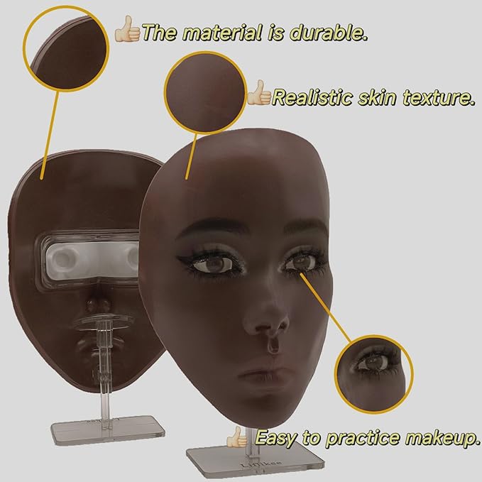 Lifelike Makeup Mannequin Face with Practice Board, Silicone Full Face Practice Eyelash Eye Shadow, for Emerging Makeup Artist, Girl's Gift, Reusable