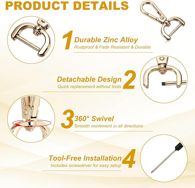 YELARXI Swivel Clasps Hook, 3/4 Inch ID Detachable Snap Hook W/Screw Bar D Ring Claw Clasp with Screwdriver Fit for Lanyard Bag Leather Craft Purse Hardware DIY Bag (4 Pack, Light Gold)