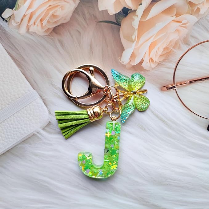 Cute Initial Letter Keychains for Women Girls Tassel Butterfly Pink Purple Green Keychain for Backpack School Bag