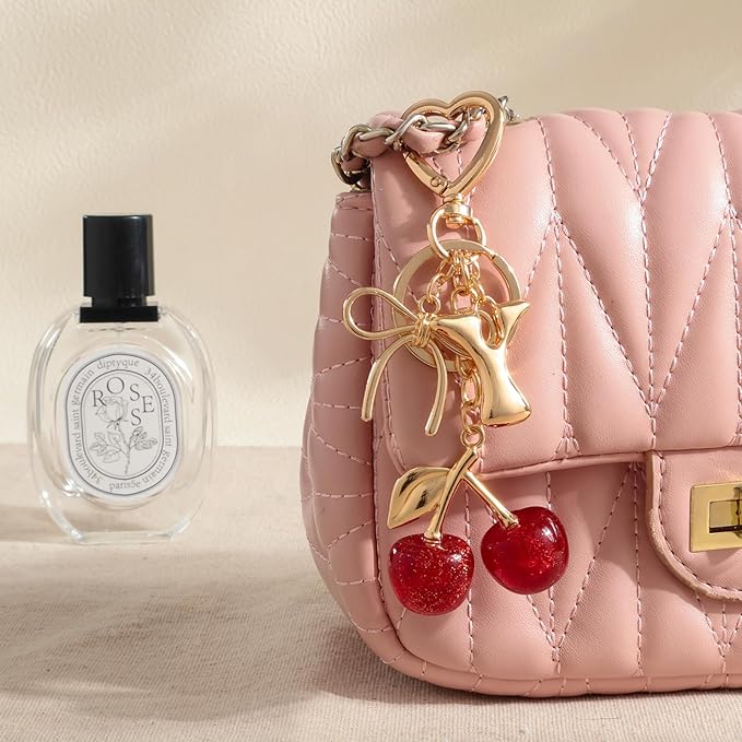 Snycler Bubble Initial Keychain with Cherry & Bow - Gold Letter Bag Charms for Women, Cute Purse Handbag Accessories