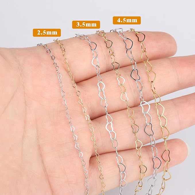 16.5FT Gold Heart Chains Roll, 4.5mm 18K Gold PVD Plated Stainless Steel Heart Link Chain Spool Bulk for Jewelry Making Necklace Bracelet
