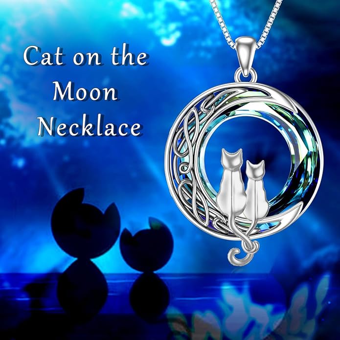 TOUPOP Cat Gifts for Cat Lovers One Two Three Four Cats Necklace Sterling Silver Cats on the Moon Pendant Necklace with Blue Circle Crystal Birthday Christmas Celtic Jewelry Gifts for Women