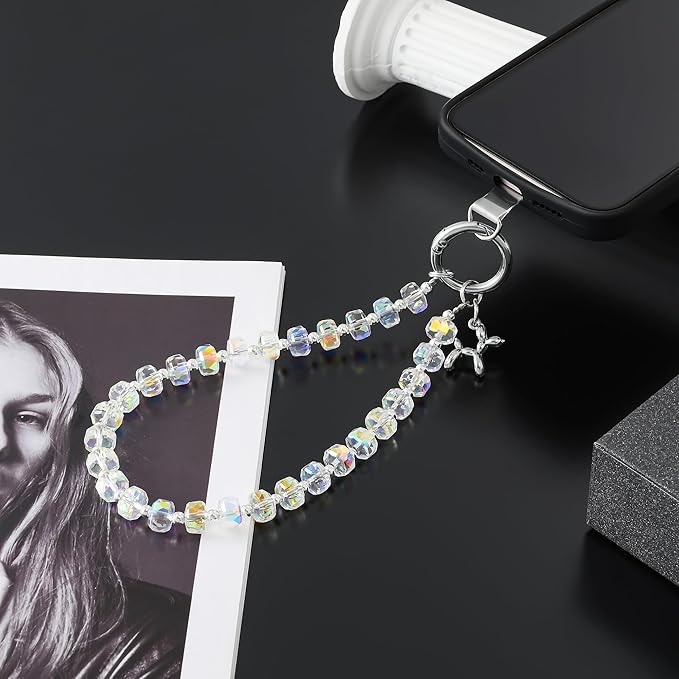 Crystal Phone Wrist Strap Phone Charm Chain Keychain Beaded Cellphone Lanyard with Tether Tab Hands-Free Wristlet Bracelet Wrist Grip Strap for Women, W-Crystal AB