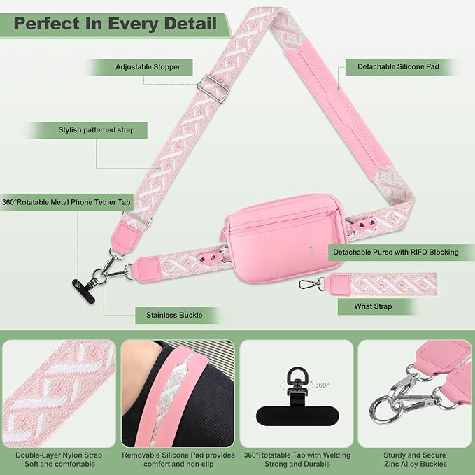 Clip and Go Strap for Phone with Wallet Crossbody, Adjustable Phone Lanyard with Detachable RFID Wristlet Wallet, Pattern Strap, Pink(M)