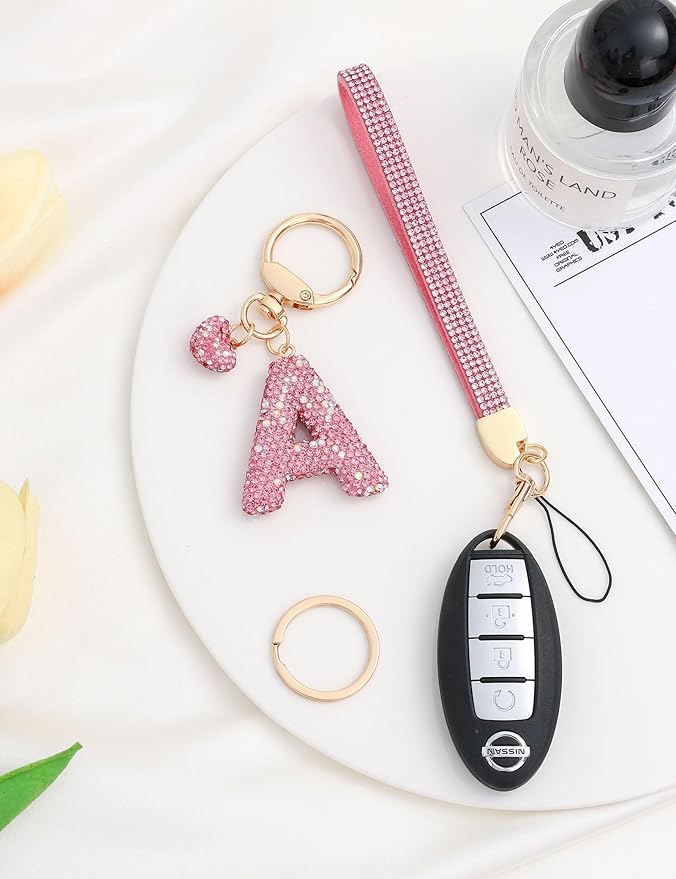 Initial Keychain for Women Girls,Bling Letter Key chain Initial with Heart,Pink Keychain Charms for Backpack Handbag