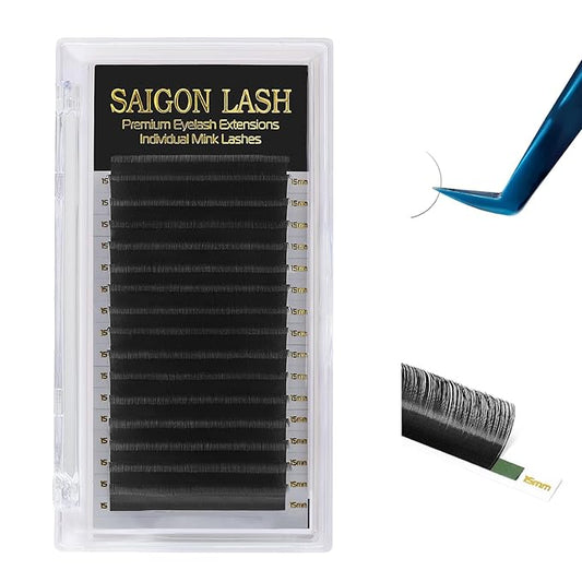 SAIGON LASH Eyelash Extensions, Mink Lash, Volume & Classic Lashes for Professionals, J/B/C/CC/D/L/M Curl, 4-15mm Length, Soft Korean PBT Fiber, 16 Rows Lash Tray (Black-CC-0.15-15mm)