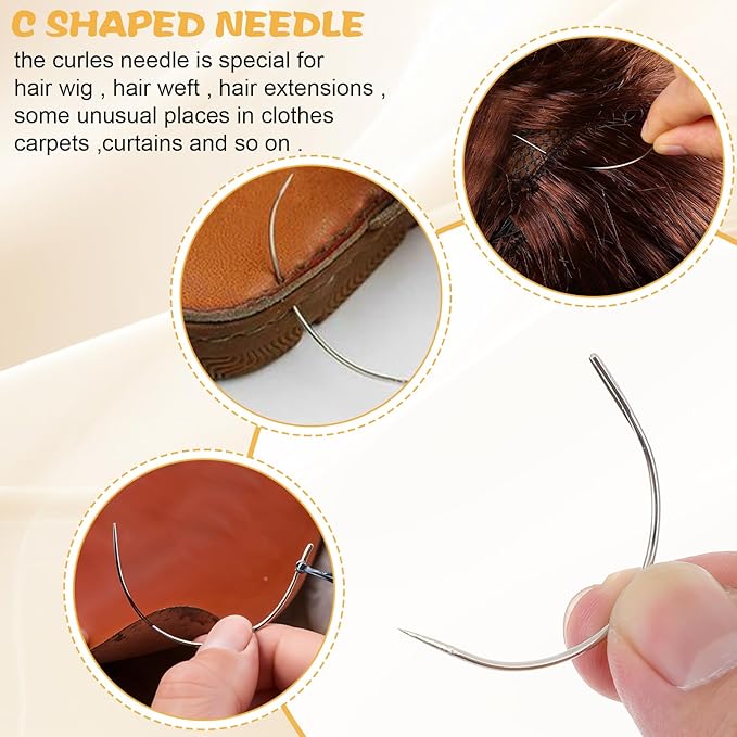 Hair Needle and Thread Set Sewing 12 Pcs Set Hair Extension Tools Curved Needle Colored Weaving for Making Wig, Sew in Thread Hand Sewing Weave Extension