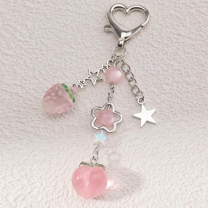 Cute Strawberry Keychain Y2k Keychain Purse Bag Charms for Handbags Aesthetic Peach Star Accessories Gifts for Women