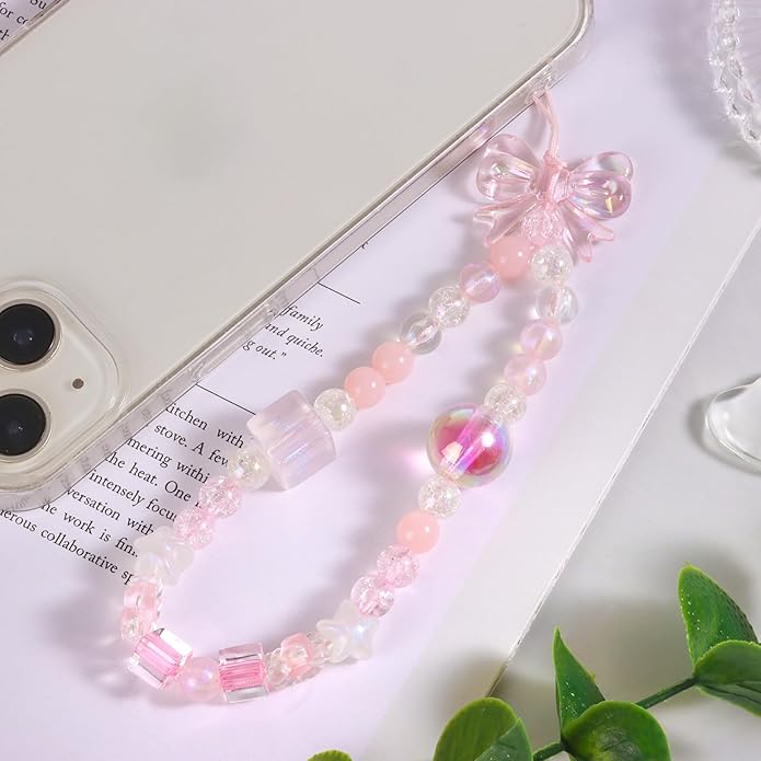 Draupnir 4pcs Phone Charms Strap, Butterfly Bow Camera Strap Wrist Beaded Phone Bracelet Wrist Straps, Pearl Bracelet Lanyard Keychain Charm for Women