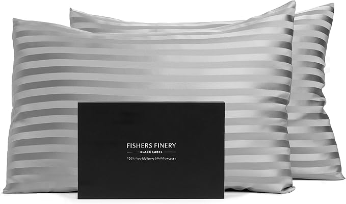 Fishers Finery 30mm 100% Pure Mulberry Silk Pillowcase Set, Quality Tested (Gray Stripe, Queen, 2 Pack)