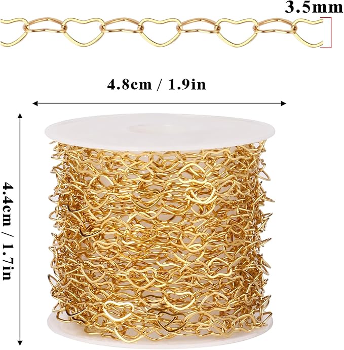 16.5FT Gold Heart Chains Roll, 3.5mm 18K Gold PVD Plated Stainless Steel Heart Link Chain Spool Bulk for Jewelry Making Necklace Bracelet