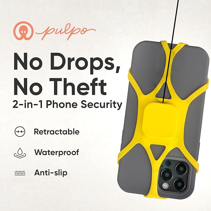 Pulpo Anti Theft Phone Leash with Retractable Dyneema Tether, Secure Phone Leash and Strap for Skiing, Kayak, Travel and Festivals, Fits Smartphones up to 6.8 Inches, Lightning Yellow