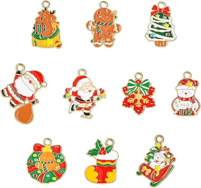 Stiesy 40 Pcs 10 Styles Christmas Theme Enamel Pendants Golden Plated Santa Claus Christmas Wreath Snowman Shape Dangle Charms Bulk for DIY Jewelry Making Necklace Bracelet Craft