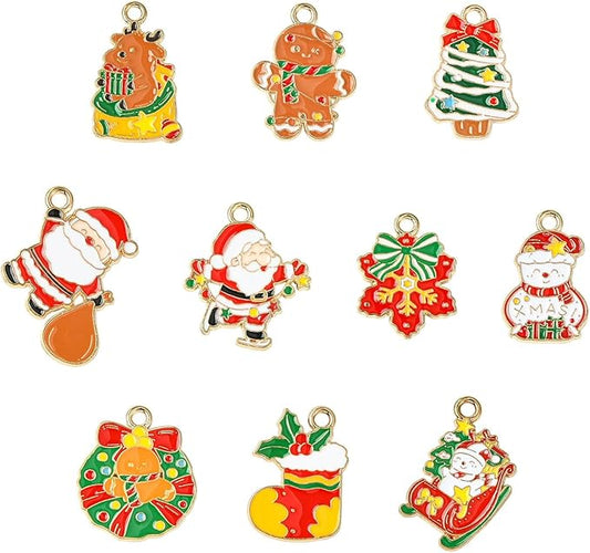 Stiesy 40 Pcs 10 Styles Christmas Theme Enamel Pendants Golden Plated Santa Claus Christmas Wreath Snowman Shape Dangle Charms Bulk for DIY Jewelry Making Necklace Bracelet Craft