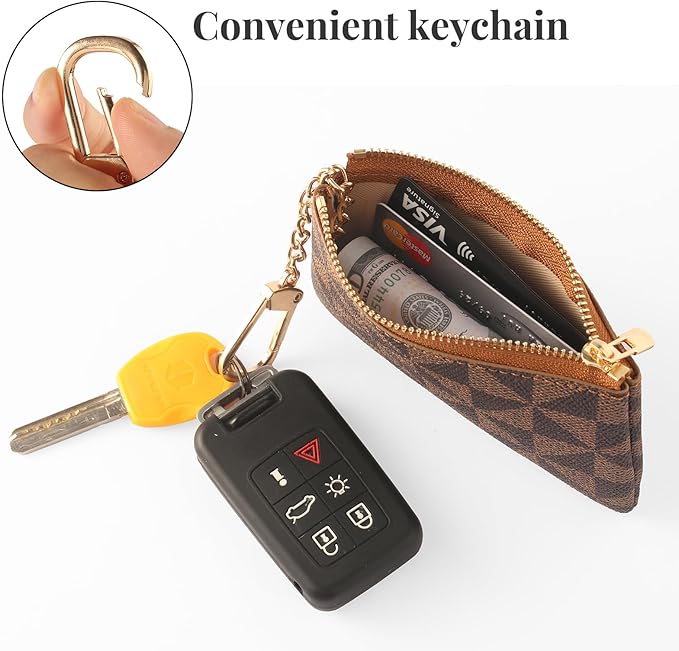 Leather Coin Purse for Women with KeyChain Small Zipper Change Purse coin Pouch Card Holder Wallet Clutch for Women & Men (Brown)