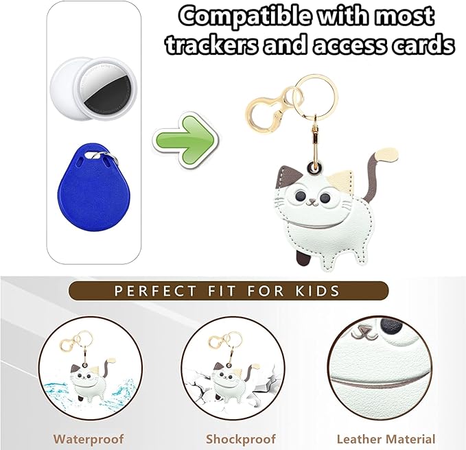 Leather Keychain Holder Case Compatible with AirTag,Cute Protective Cover with Keyring,Anti-Scratch Finder GPS Tracker Case for Wallet Keys,Bag,Pets(Cat A)