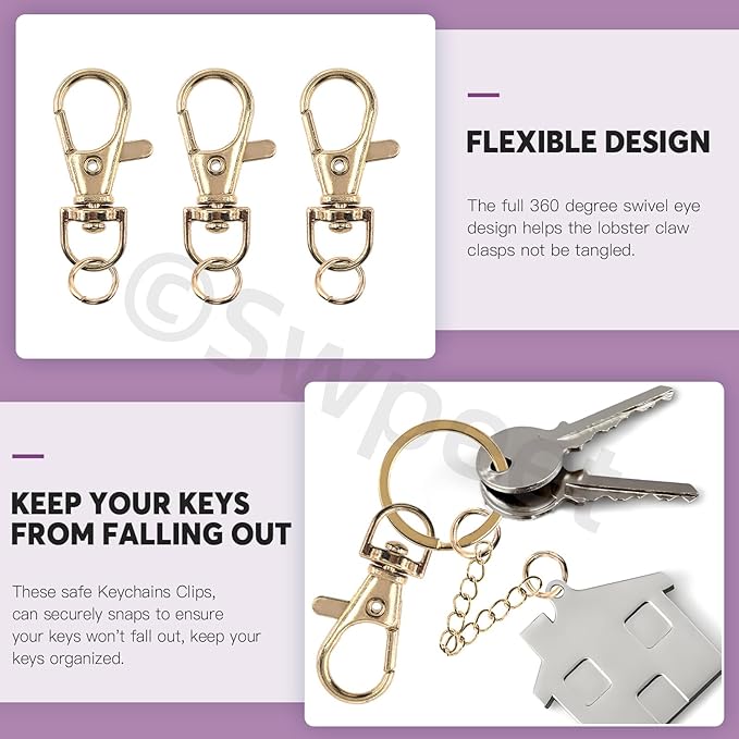 Swpeet 125Pcs Golden Keychain Making Set, 25Pcs Swivel Lanyard Snap Hook, 25P Keychain Ring, 25P Extender Chains, 50P Open Jump Rings, Swivel Lobster Clasps, Keychains Clips