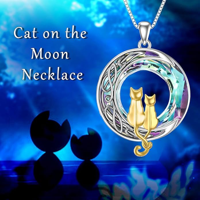 TOUPOP Cat Gifts for Cat Lovers One Two Three Four Cats Necklace Sterling Silver Cats on the Moon Pendant Necklace with Blue Circle Crystal Birthday Christmas Celtic Jewelry Gifts for Women