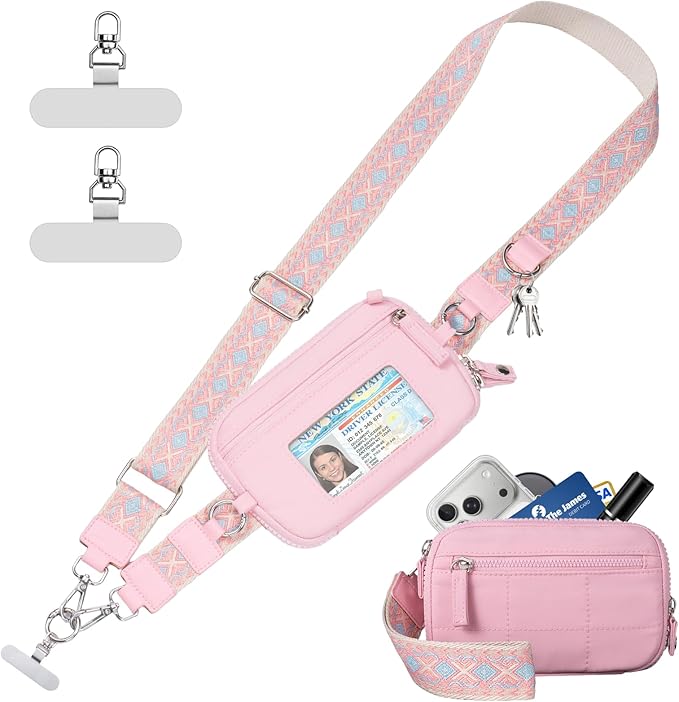 Clip and Go Strap for Phone with Wallet Crossbody Phone Lanyard with Anti-Theft Zipper Pouch Detachable Quilted Wrist Wallet with RFID and ID Window for Daily Travel. Pink Large