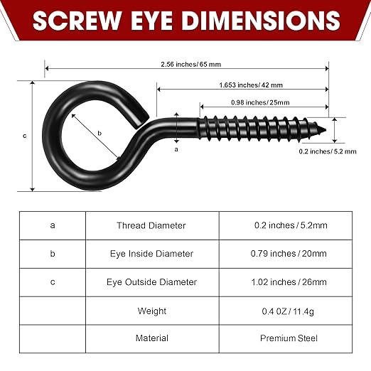16pcs Screw Eyes, 2.56 Inch Black Eye Hooks Screw Self Tapping Eye, Heavy Duty Eye Bolt for Wood Securing Cables Wire, Hammock Stand, Indoor & Outdoor Use