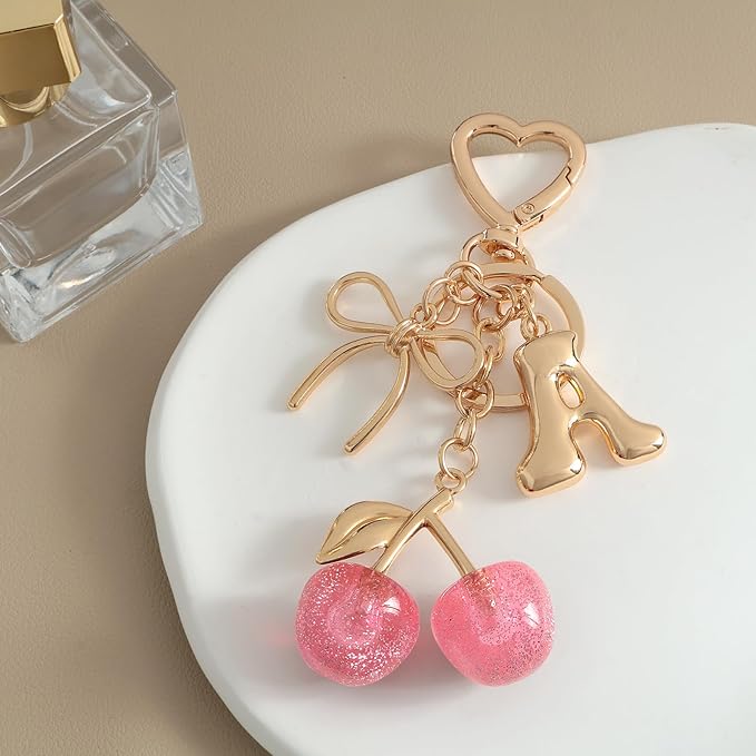 Snycler Bubble Initial Keychain with Cherry & Bow - Gold Letter Bag Charms for Women, Cute Purse Handbag Accessories