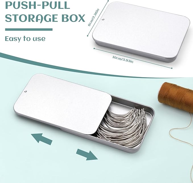 GarfxG Heavy Duty Hand Sewing Needles, Curved Needles 60 PCS 2'' / 3.5 '' C Type Weaving Sewing Needles, Leather Sewing Needles with Metal Box for Upholstery Carpet Leather Canvas Repair