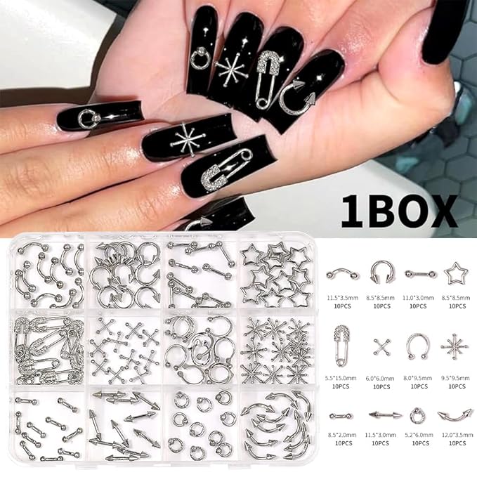 120 Pcs Mixed Nail Charms, CYHYII 1 Box Silver 3D Star Retro Nail Art Charm Y2K Metal Cross for Acrylic Nail Nail Art Design DIY Craft(12 Styles)