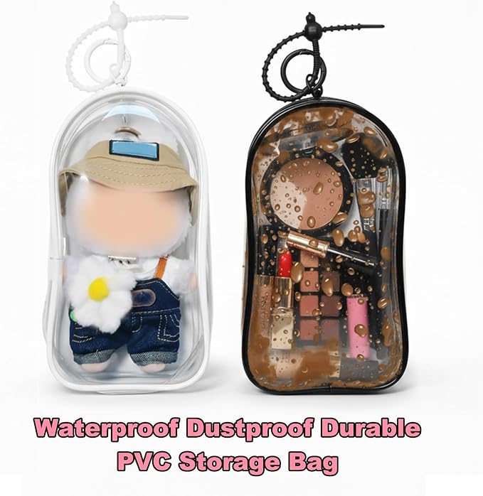 3Pcs Clear Display Case for 17/15cm Plush Doll -Portable Bag with Keychain, Waterand Dust-Resistant,Protective Cover for Collectible Toys,Jewelry,Cosmetics,Ornaments,Data Line (White+Black+Clear)