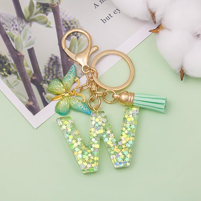 Fashion Alphabet Initial Letter Keychain Tassel Butterfly Pendant Key Ring for Purse Handbags Women Girl
