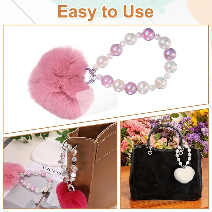 uxcell Heart Plush Keychain, Beaded Rabbit Hair Fur Pom Bag Charm Cute for Car Keyring, Bag Decorations, Handbag Buckle