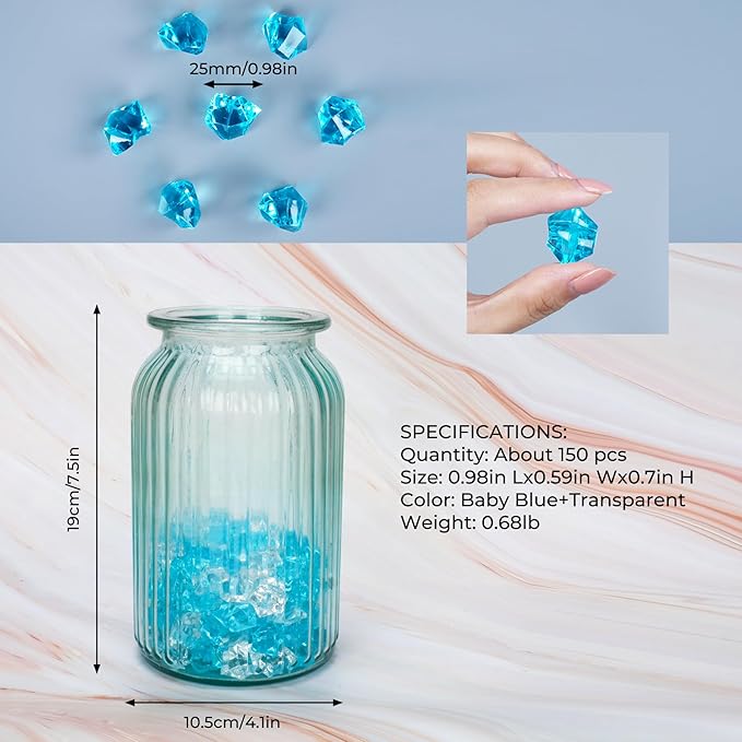 Acrylic Crushed Ice Rocks, Babenest 150 PCS Fake Crystals Plastic Ice Cubes Diamonds Gems for Vase Fillers, Home Decoration, Table Scatter, Event, Wedding, Arts & Crafts (Baby Blue/Clear)
