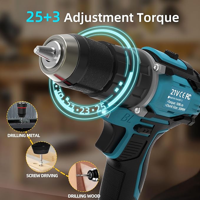 21V Cordless Power Drill/Driver Set, 50Nm Max Torque with 2 Batteries & Charger, 1/2 Inch Keyless Chuck, 3 Modes & 25 Position Torque Adjustment, 29Pcs Accessories for Home Use