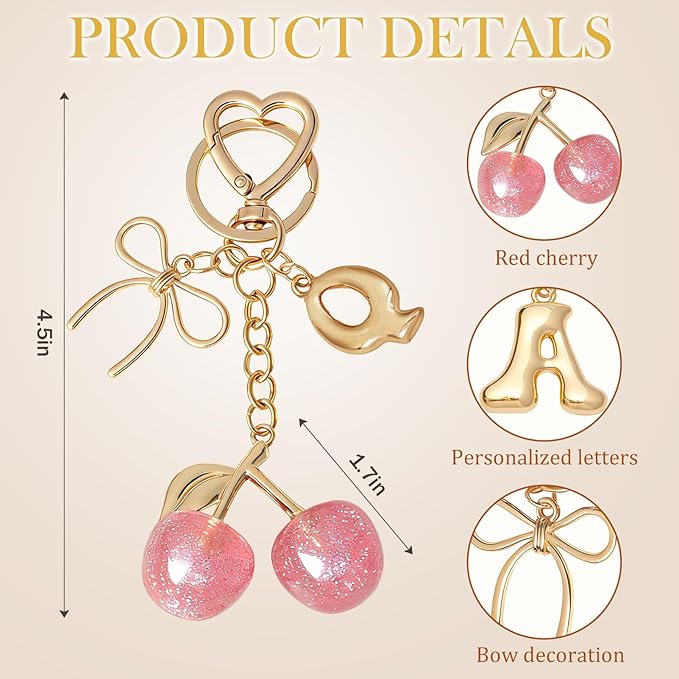 Snycler Bubble Initial Keychain with Cherry & Bow - Gold Letter Bag Charms for Women, Cute Purse Handbag Accessories