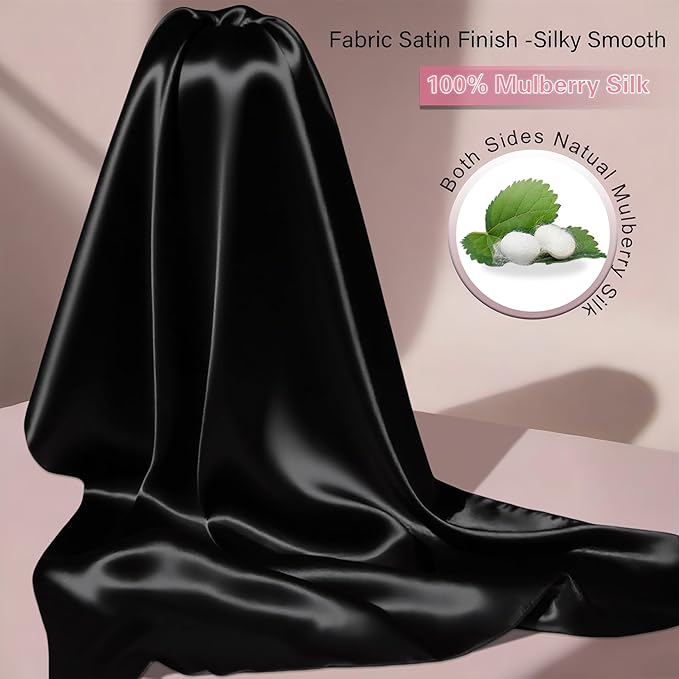 Mulberry Silk Pillow Cases with Zipper, Ultra Smooth Soft Breathable Cooling Pillow Cases for Hot Sleepers, Silk Satin Pillowcase for Hair and Skin, Gifts for Women (Black, Standard Size, 1 Pack)