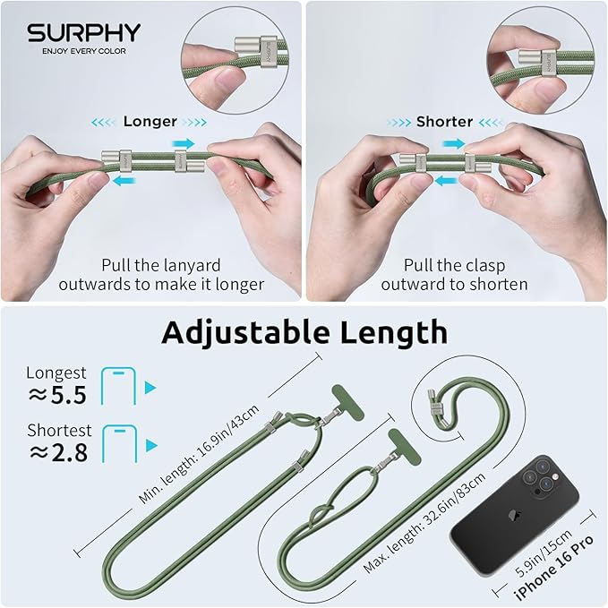 SURPHY Phone Lanyard, Adjustable Phone Strap Crossbody with 2 Pack Cell Phone Tether Tab, Premium Metal Buckles, Skin-Friendly, Universal Cell Phone Lanyard Crossbody for Women and Men, Army Green