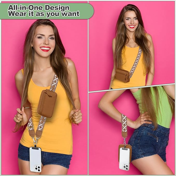 Clip and Go Strap for Phone with Wallet Crossbody, Adjustable Phone Lanyard with Detachable RFID Wristlet Wallet, Pattern Strap, Bronze(M)