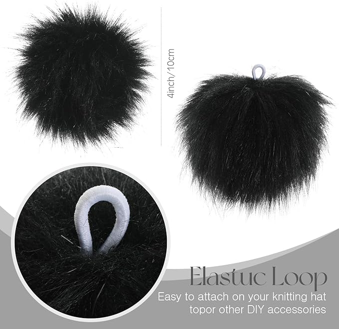 Tatuo 16 Pcs Faux Fur Pom Poms for Hat 4 Inches Large Fluffy Pom Balls for Crafts Knitting Beanies Shoes Scarves Bag Pompoms Keychain Charms Winter DIY Accessories (Black)