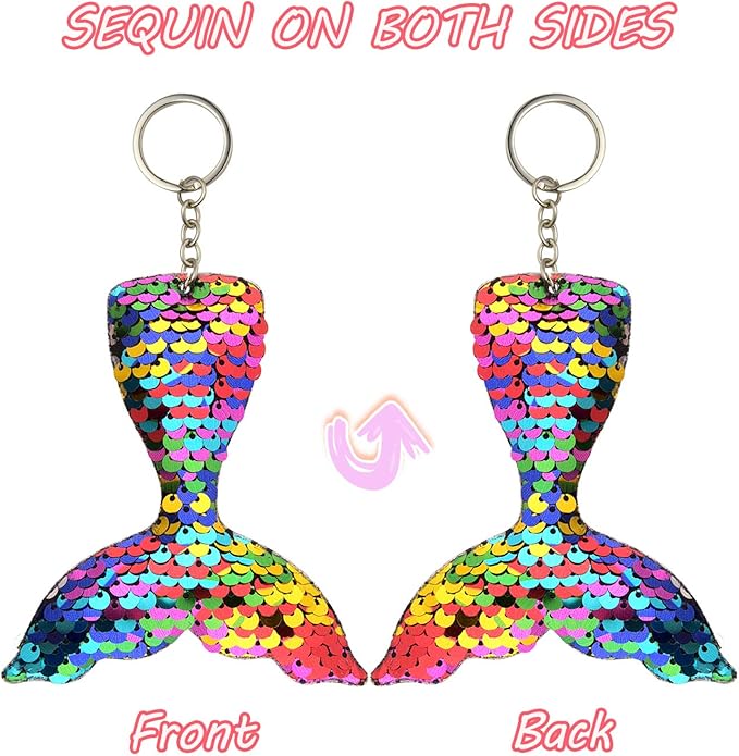 FEPITO 20 PCS Glitter Mermaid Tail Keychains for DIY Projects and Crafts, Mermaid Sequins Keychains Under The Sea Birthday Party Supplies Gifts
