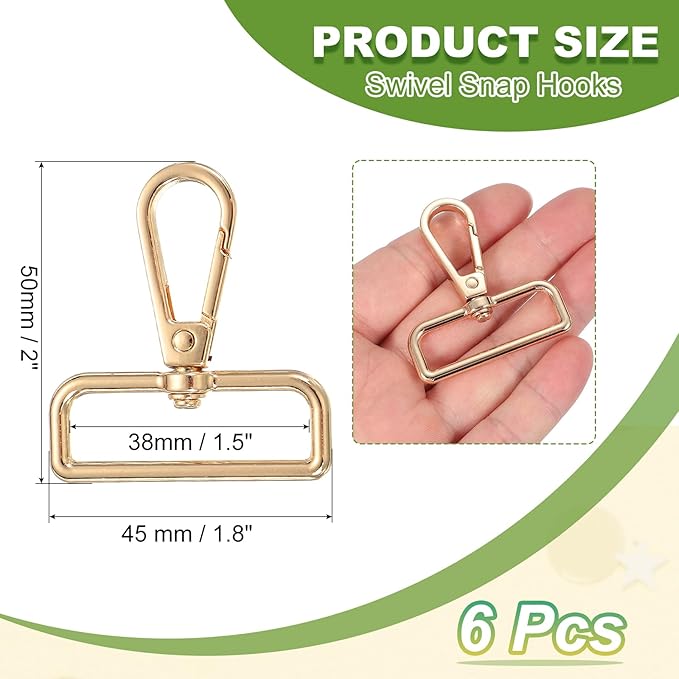 Swivel Snap Hooks, Metal D Ring Keychain Lanyard Clip Hook Lobster Clasp Claw Push Gate Clip - Fitting for(Purse Making - Sewing - DIY Crafts) 6 Pcs & 1.5" & Light Gold