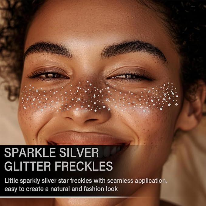 8 Pcs Silver Face Makeup Patches, Silver Glitter Freckles Face Tattoo, Glitter Freckles, Sparkle Makeup Patches, Waterproof Face Glitter Temporary Tattoos for Women