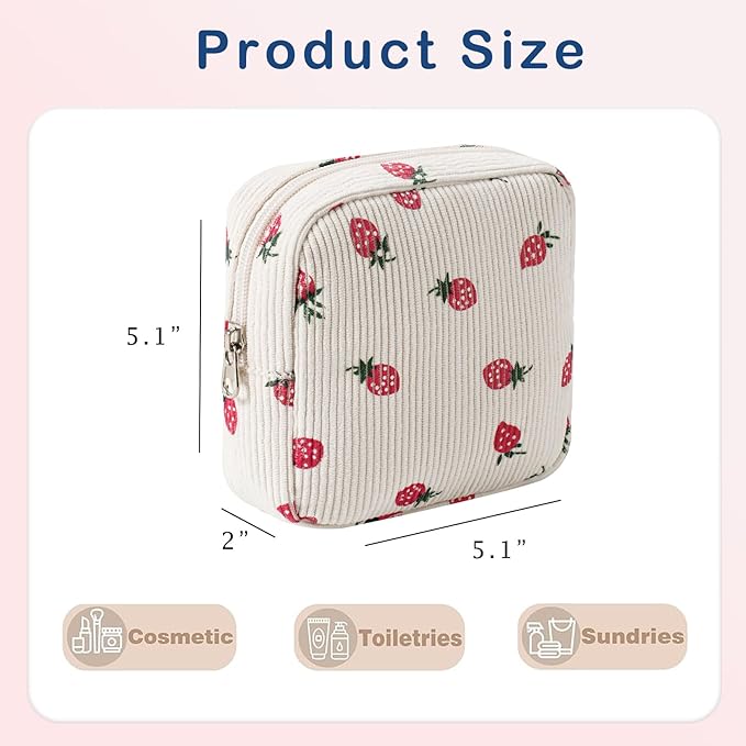 Cute Small Corduroy Zipper Makeup Bag, Mini Coquette Aesthetic Pouch with Strawberry Pattern for for Purse,Key Pocket Lipstick Bag Card Holder Data Cable Organizer for Women Girls (06Strawberry)