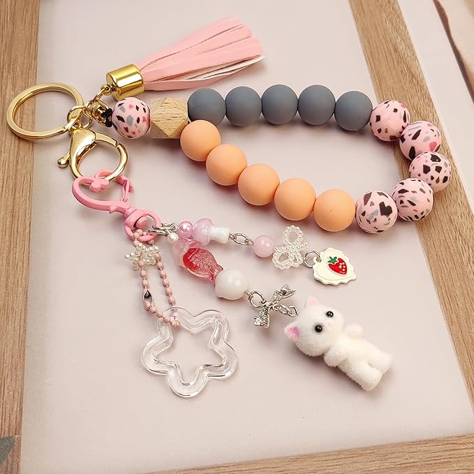 Cute Pink Keychain,Fuzzy Cat Keychain Aesthetic Y2K KeychainStylish KeychainsAccessories