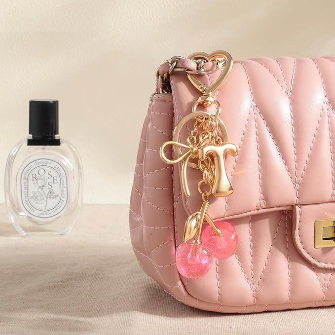 Snycler Bubble Initial Keychain with Cherry & Bow - Gold Letter Bag Charms for Women, Cute Purse Handbag Accessories
